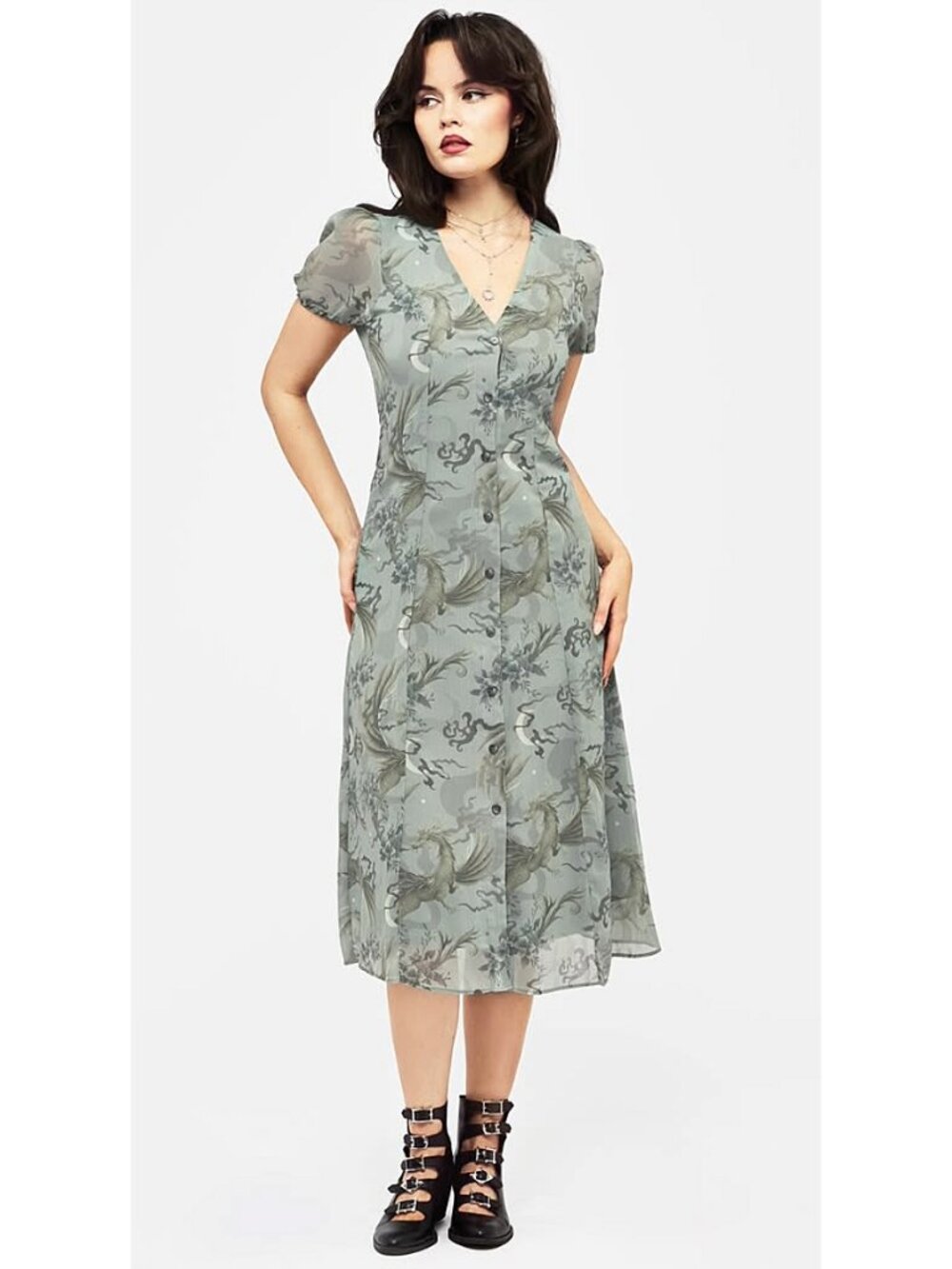 DISTURBIA Sapphira dragon moon print chiffon button front midi dress